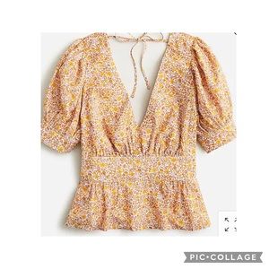 J crew yellow puff sleeve v-neck top in scattered blooms
